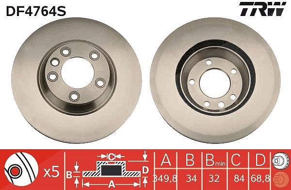 Trw 1x Bremsscheibe Vorderachse Belüftet Links [Hersteller-Nr. DF4764S] für VW, Audi, Porsche