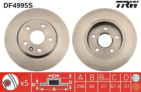 Trw 1x Bremsscheibe Vorderachse Belüftet [Hersteller-Nr. DF4995S] für Vauxhall, Chevrolet, Saab, Opel