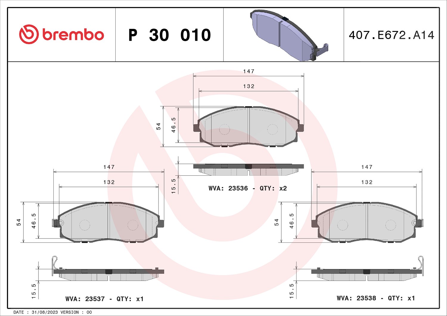 Brembo Bremsbelagsatz, Scheibenbremse [Hersteller-Nr. P30010] für Hyundai