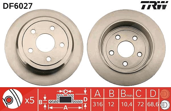 Trw Bremsscheibe Hinterachse Voll [Hersteller-Nr. DF6027] für Dodge, Chrysler