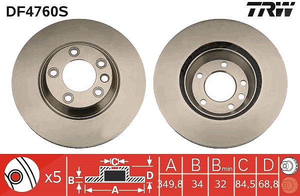 Trw 1x Bremsscheibe Vorderachse Belüftet Rechts [Hersteller-Nr. DF4760S] für Audi, Porsche, VW