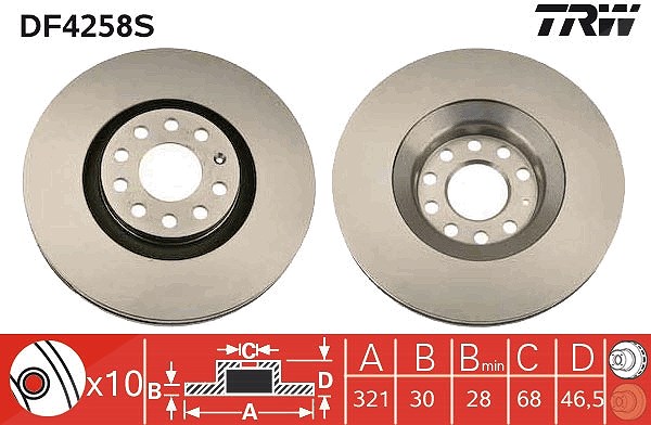 Trw 1x Bremsscheibe Vorderachse Belüftet [Hersteller-Nr. DF4258S] für Seat, Audi
