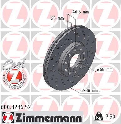 Zimmermann Bremsscheibe Vorderachse Belüftet [Hersteller-Nr. 600.3236.52] für VW, Skoda