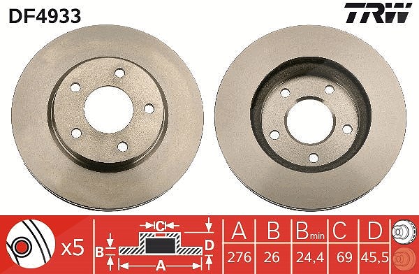 Trw Bremsscheibe Vorderachse Belüftet [Hersteller-Nr. DF4933] für Mitsubishi, Dodge