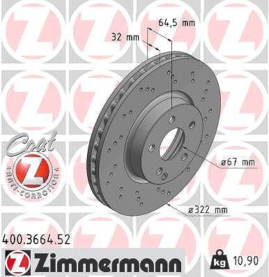 Zimmermann 1x Bremsscheibe Vorderachse Belüftet [Hersteller-Nr. 400.3664.52] für Mercedes-Benz