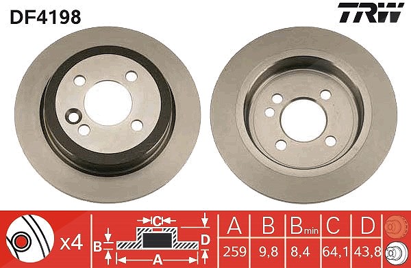 Trw Bremsscheibe Hinterachse Voll [Hersteller-Nr. DF4198] für Mini