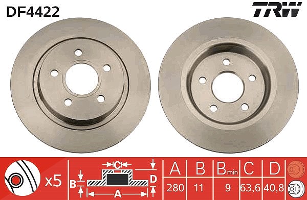 Trw Bremsscheibe Hinterachse Voll [Hersteller-Nr. DF4422] für Volvo, Ford