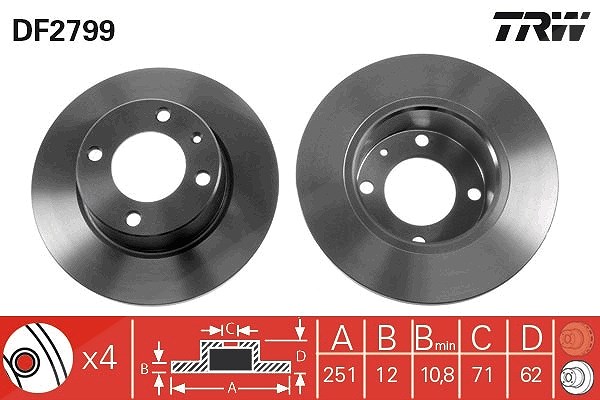 Trw Bremsscheibe Hinterachse Voll [Hersteller-Nr. DF2799] für Citroën