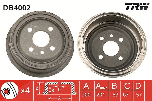 Trw Bremstrommel [Hersteller-Nr. DB4002] für Bedford, Daewoo, Opel, Vauxhall, Chevrolet