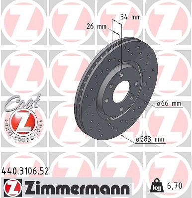 Zimmermann Bremsscheibe Vorderachse Belüftet [Hersteller-Nr. 440.3106.52] für Opel, Ds, Citroën, Peugeot