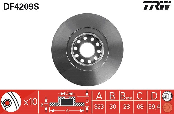 Trw 1x Bremsscheibe Vorderachse Belüftet [Hersteller-Nr. DF4209S] für Audi, VW