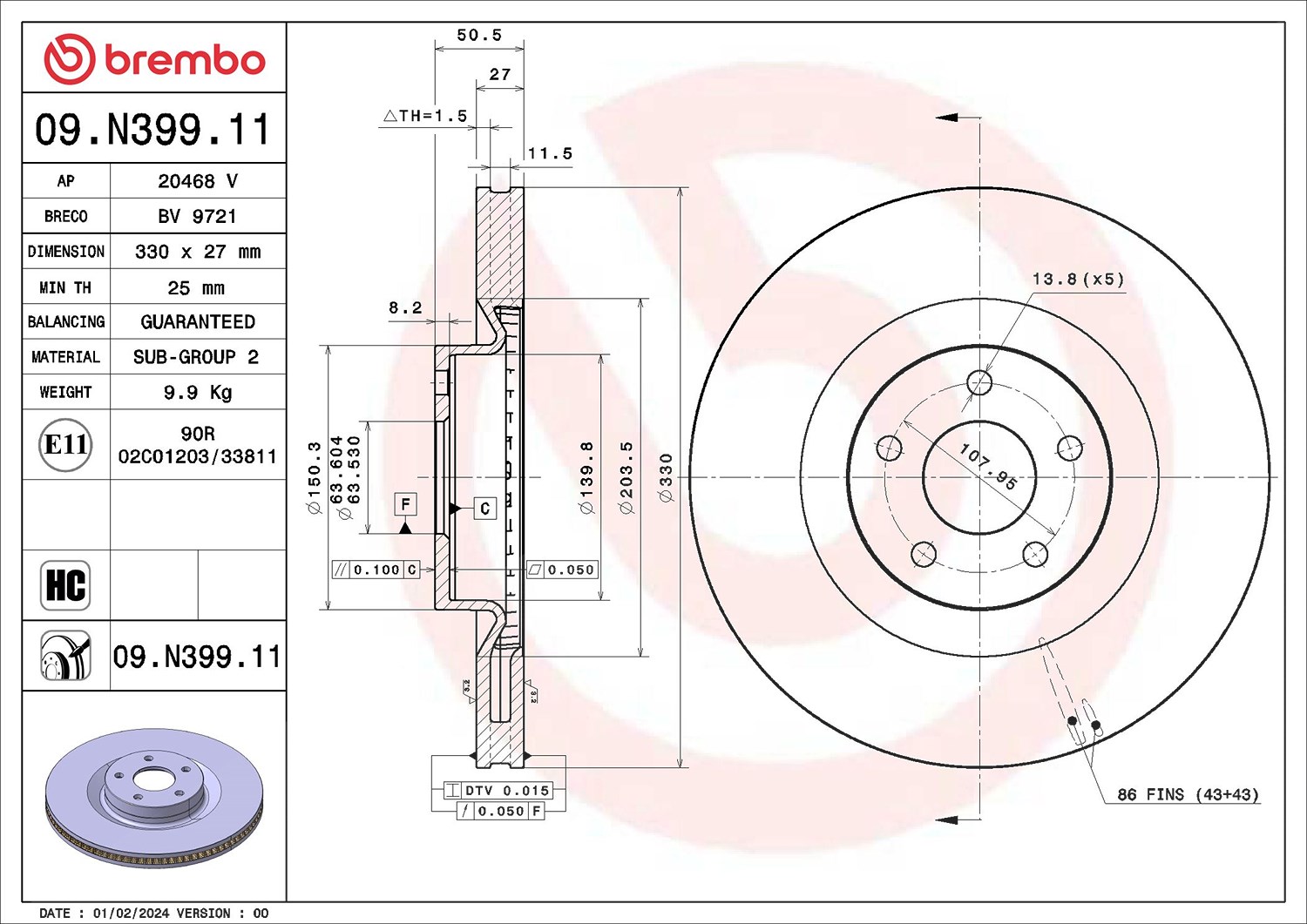 2x Bremsscheibe innenbelüftet 09.N399.11 BREMBO für FORD FOCUS IV KUGA III - Bild 5
