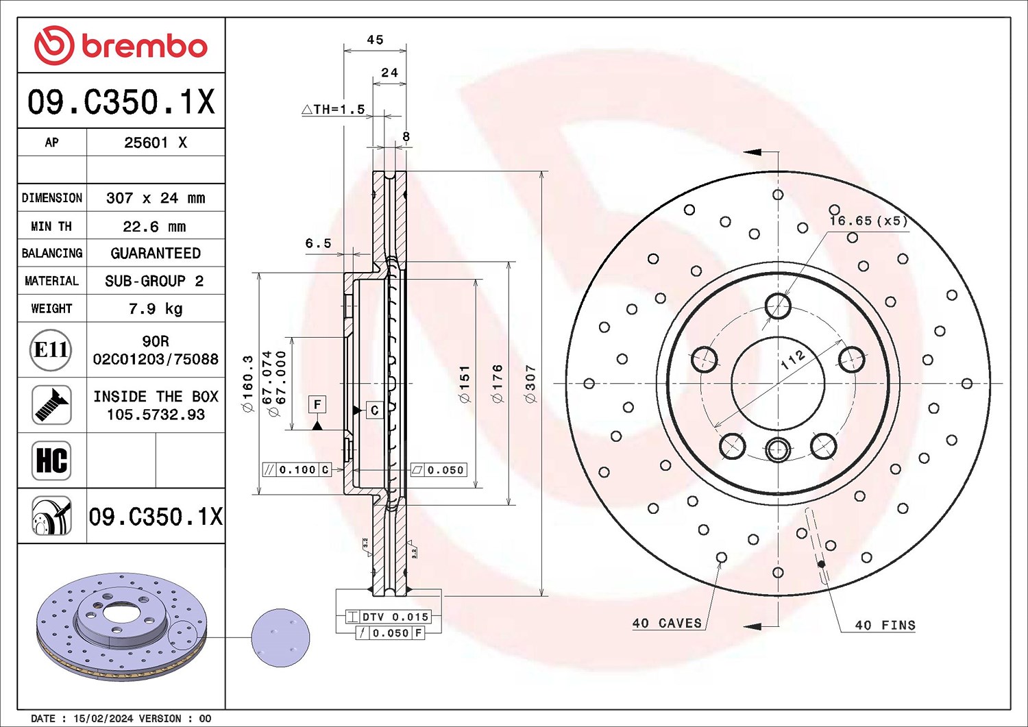 2x Bremsscheibe gelocht/innenbel. 09.C350.1X BREMBO für BMW MINI - Bild 5
