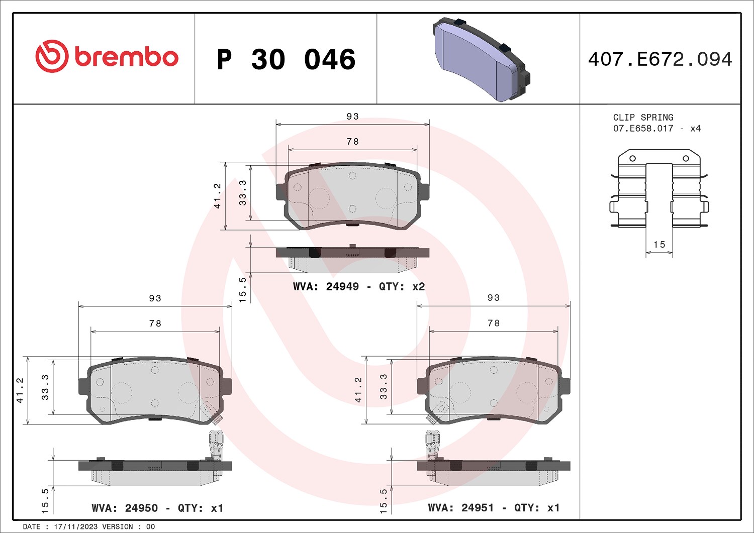 Brembo Bremsbelagsatz Hinterachse [Hersteller-Nr. P30046] für Hyundai