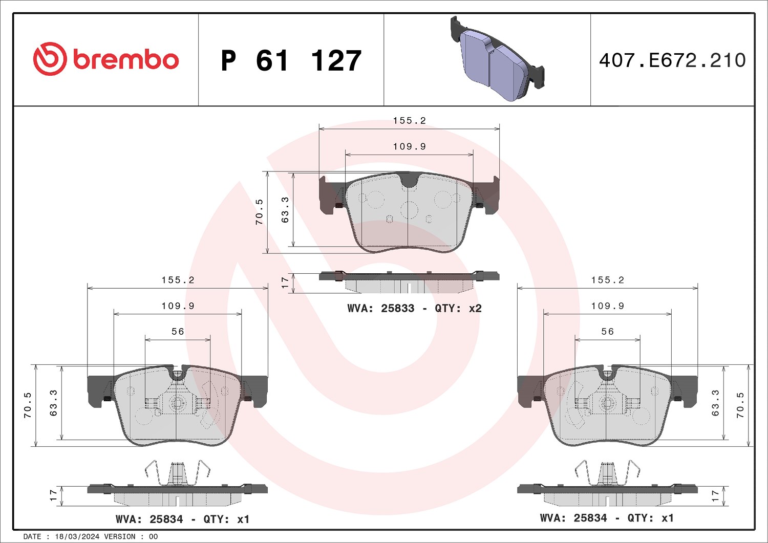 Brembo Bremsbelagsatz, Scheibenbremse [Hersteller-Nr. P61127] für Peugeot, Citroën