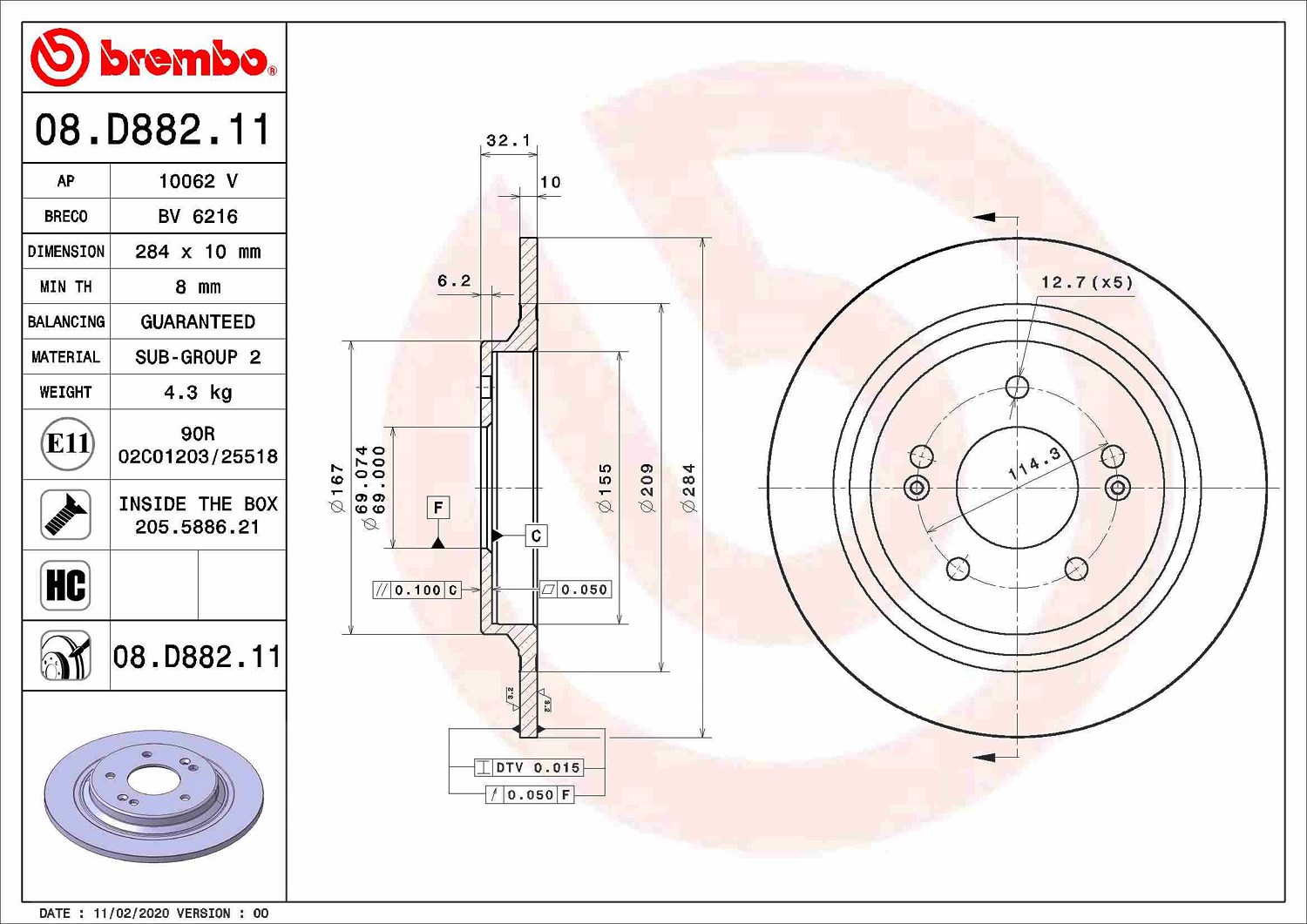 Bremsscheibe Scheibenbremse 2x hinten für Hyundai KIA Kona OS BREMBO 58411J9500 - Bild 6