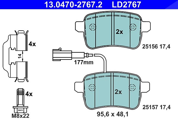 Ate CERAMIC Bremsbelagsatz mit Warnkontakt hinten [Hersteller-Nr. 13.0470-2767.2] für Alfa Romeo