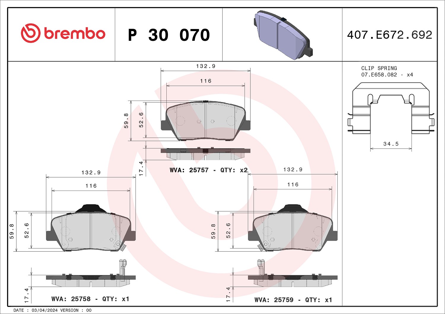 Brembo Bremsbelagsatz, Scheibenbremse [Hersteller-Nr. P30070] für Kia, Hyundai