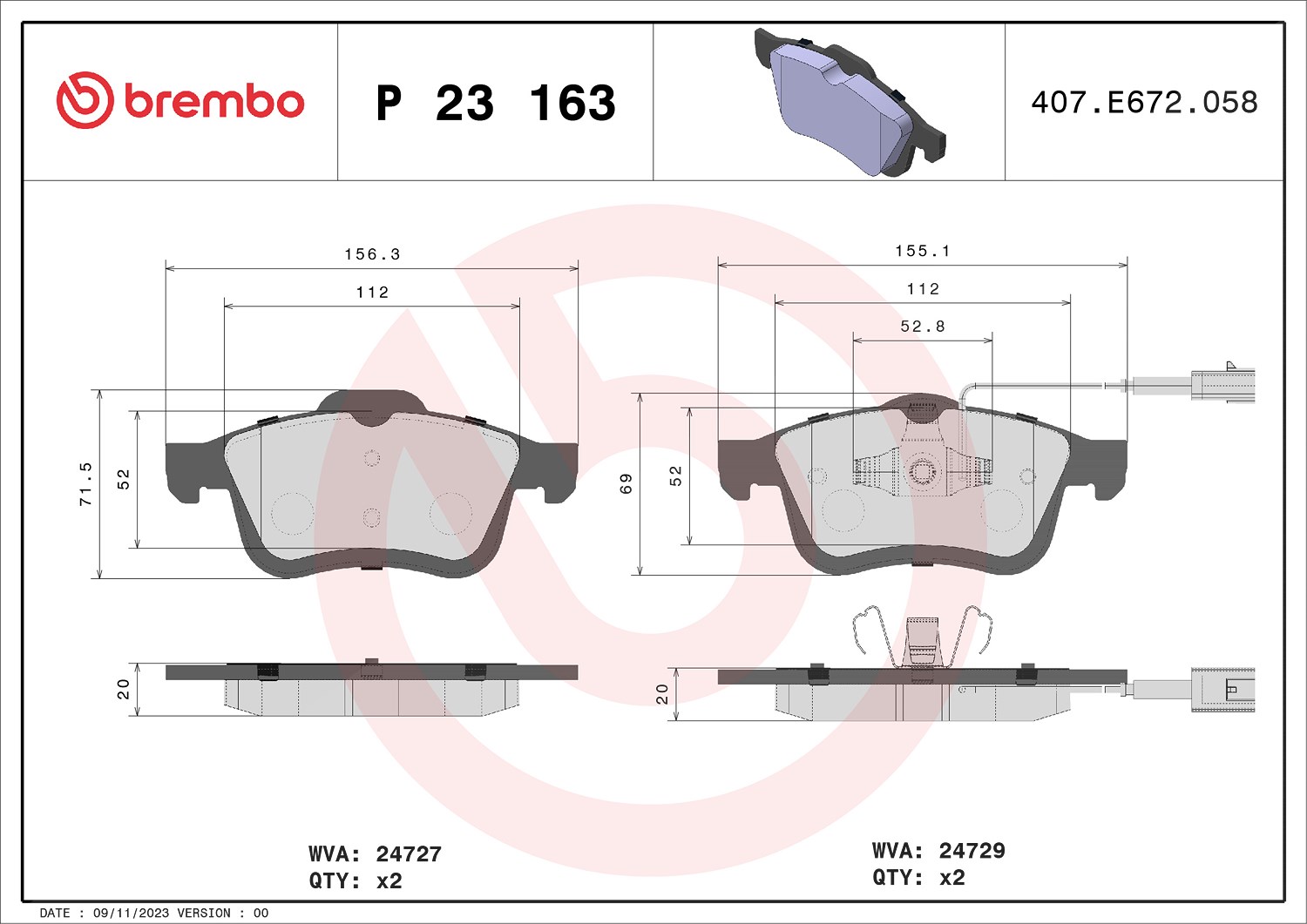 Brembo Bremsbeläge mit VWK vorne (Satz) [Hersteller-Nr. P23163] für Opel, Fiat, Lancia, Vauxhall, Chrysler