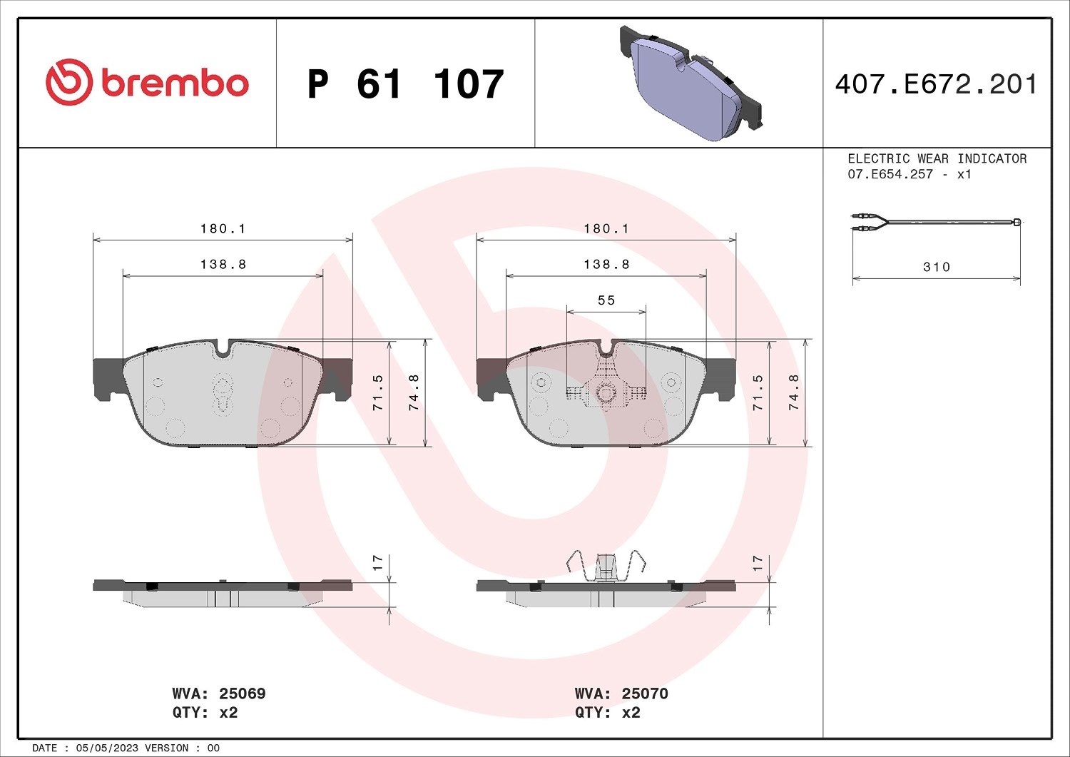Brembo Bremsbelagsatz, Scheibenbremse [Hersteller-Nr. P61107] für Citroën, Peugeot, Ds (capsa), Peugeot (df-psa)