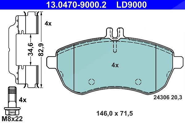 Ate CERAMIC Bremsbelagsatz vorne [Hersteller-Nr. 13.0470-9000.2] für Mercedes-Benz