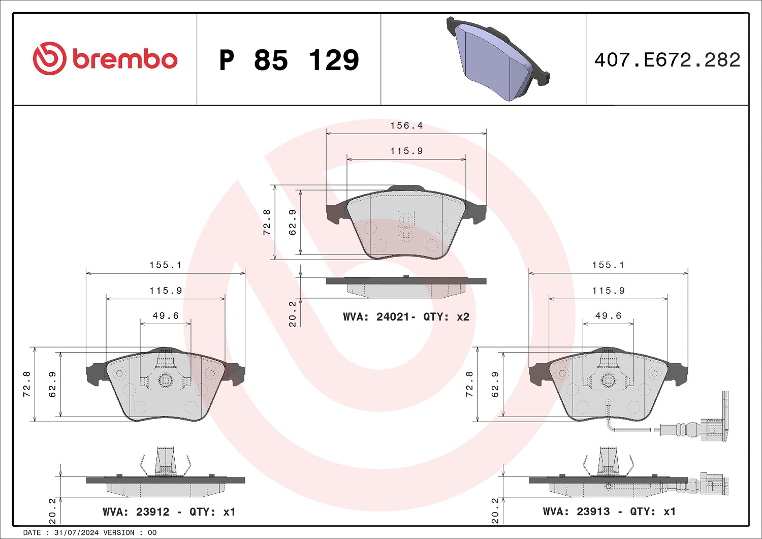 Brembo Bremsbelagsatz, Scheibenbremse [Hersteller-Nr. P85129] für VW, Audi, Seat