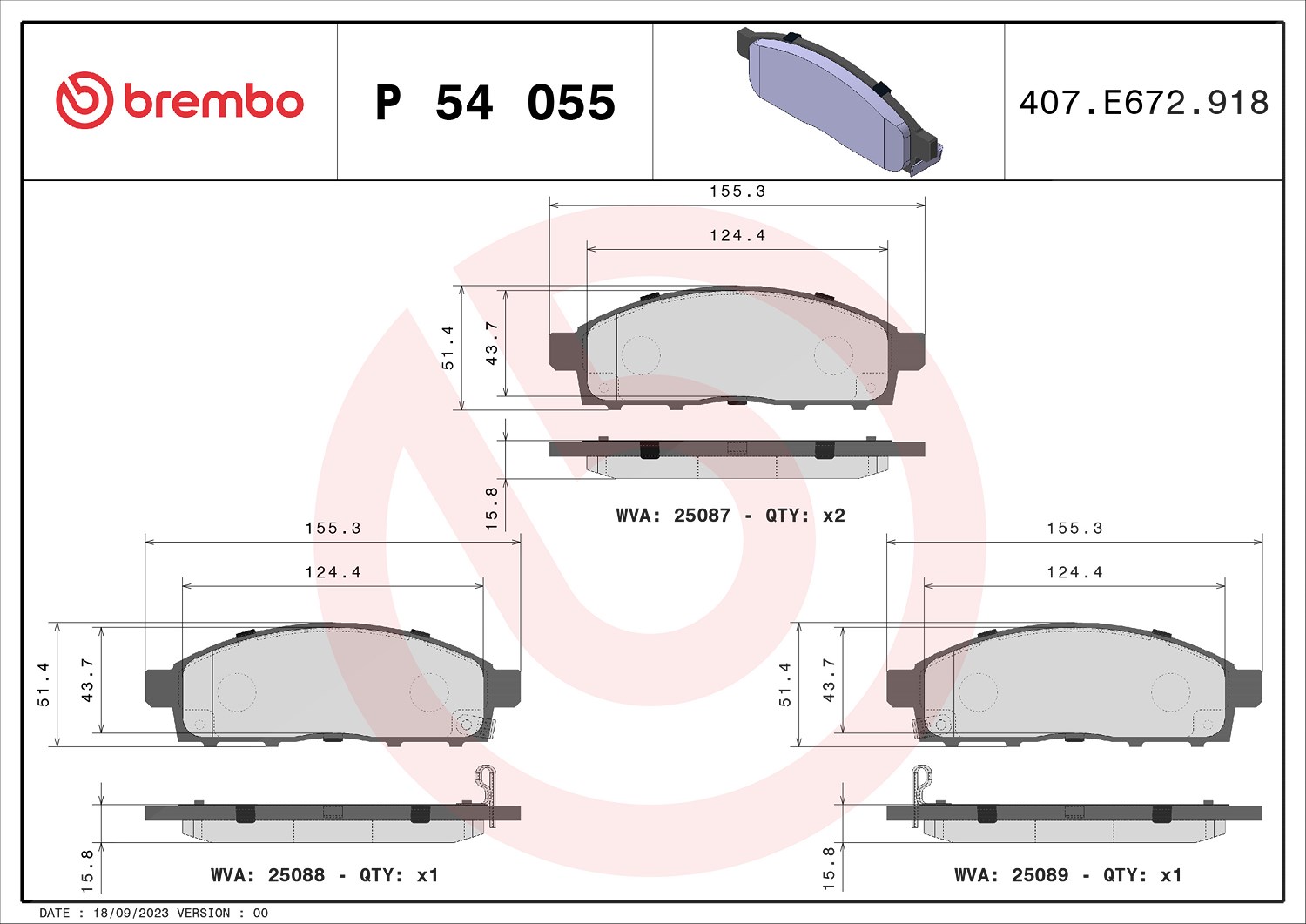 Brembo Bremsbelagsatz, Scheibenbremse [Hersteller-Nr. P54055] für Mitsubishi, Fiat