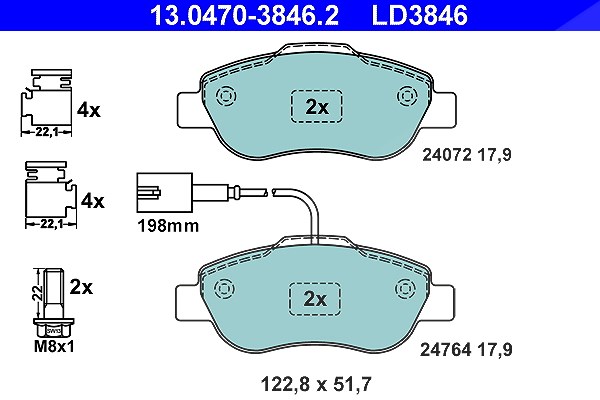 Ate CERAMIC Bremsbelagsatz mit Warnkontakt vorne [Hersteller-Nr. 13.0470-3846.2] für Ford, Fiat