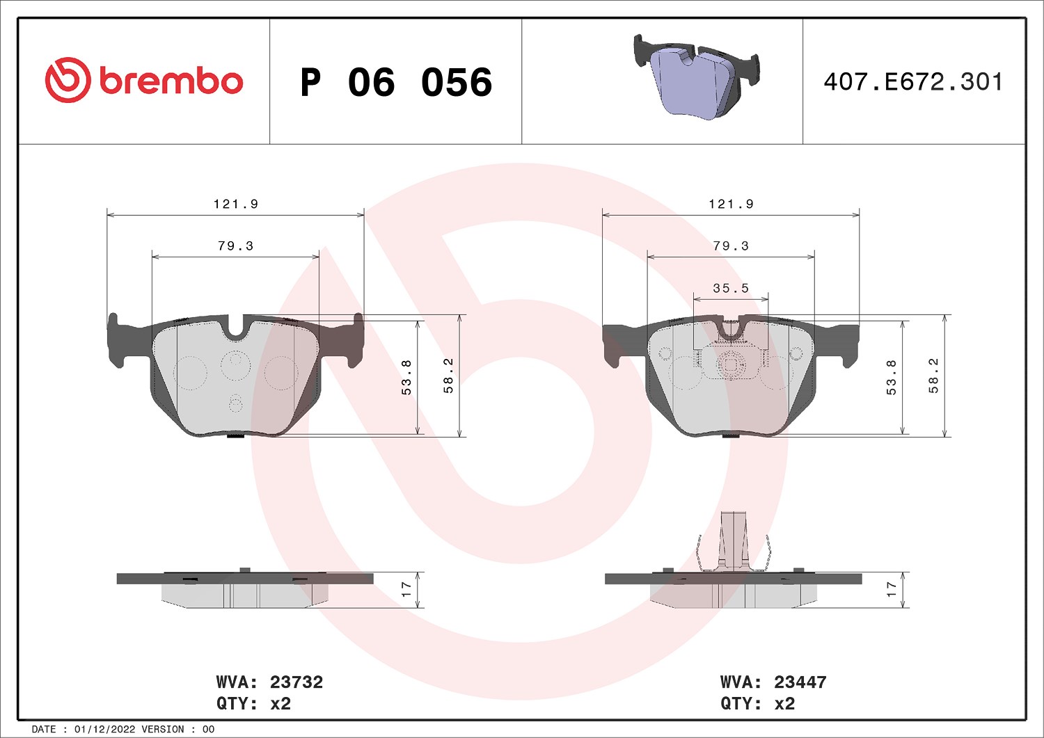 Brembo Bremsbelagsatz, Scheibenbremse [Hersteller-Nr. P06056] für BMW