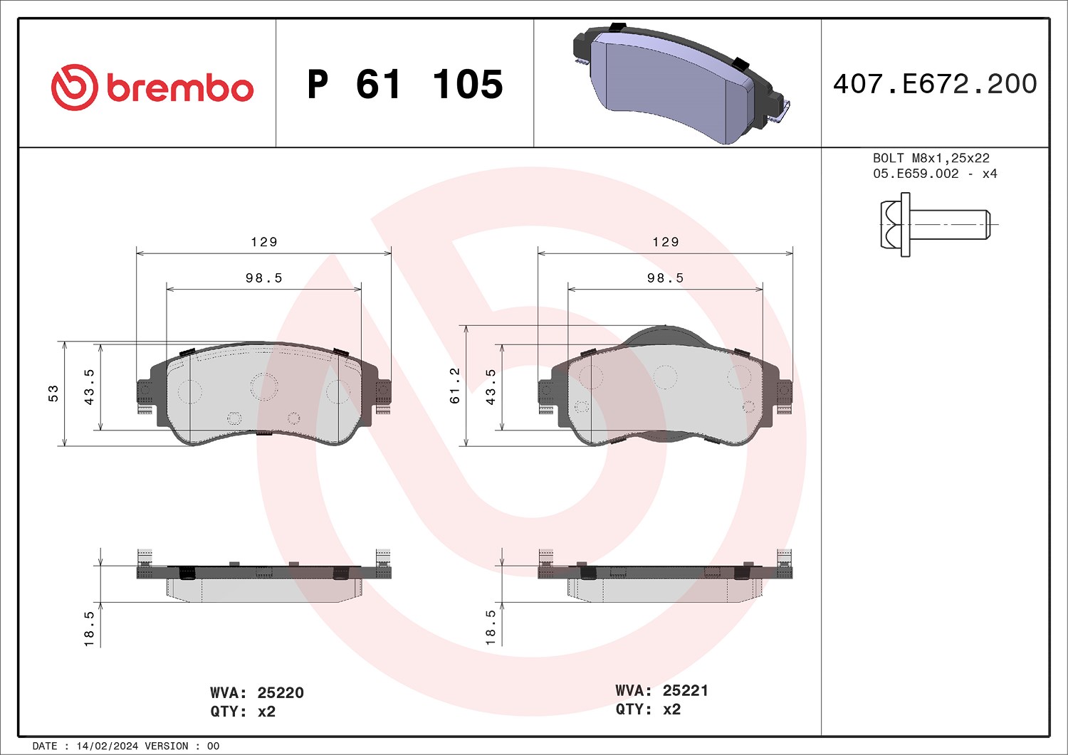 Brembo Bremsbelagsatz, Scheibenbremse [Hersteller-Nr. P61105] für Citroën