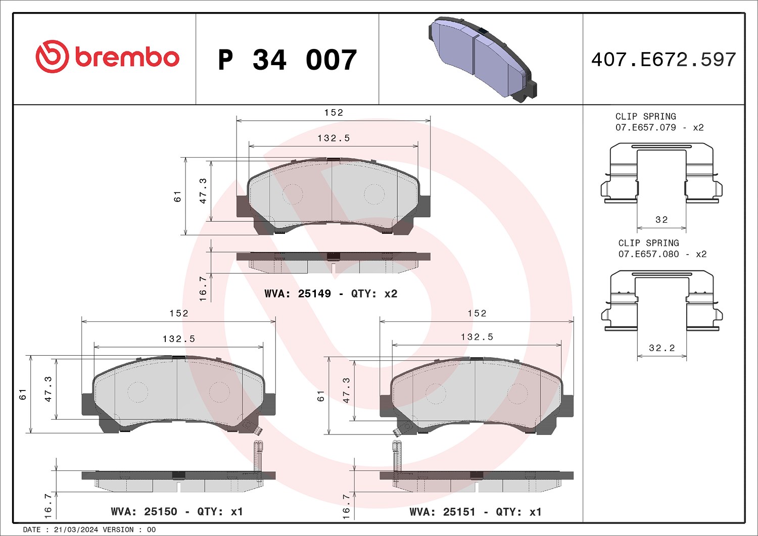Brembo Bremsbelagsatz, Scheibenbremse [Hersteller-Nr. P34007] für Maxus, Isuzu