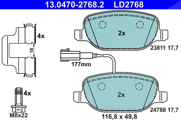 Ate CERAMIC Bremsbelagsatz mit Warnkontakt hinten [Hersteller-Nr. 13.0470-2768.2] für Alfa Romeo