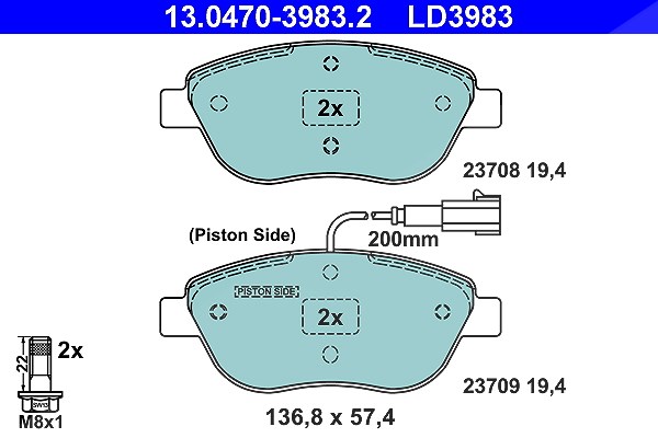 Ate CERAMIC Bremsbelagsatz mit Warnkontakt vorne [Hersteller-Nr. 13.0470-3983.2] für Lancia, Fiat, Chrysler