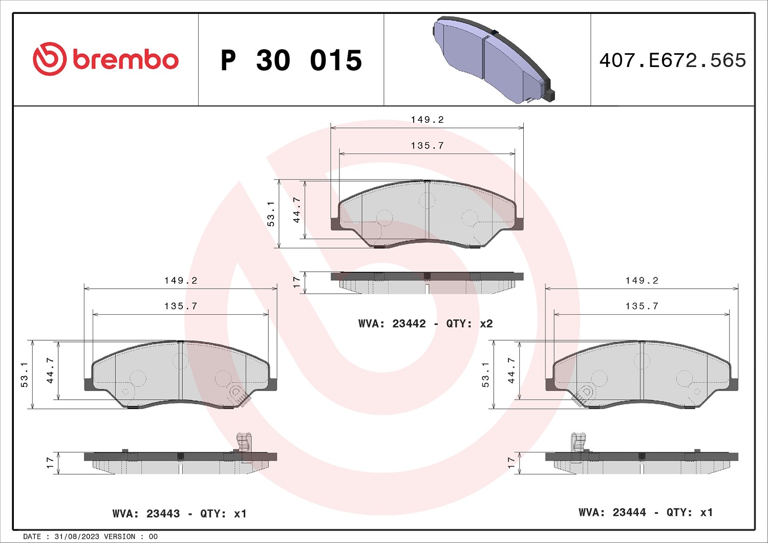 Brembo Bremsbelagsatz, Scheibenbremse [Hersteller-Nr. P30015] für Kia