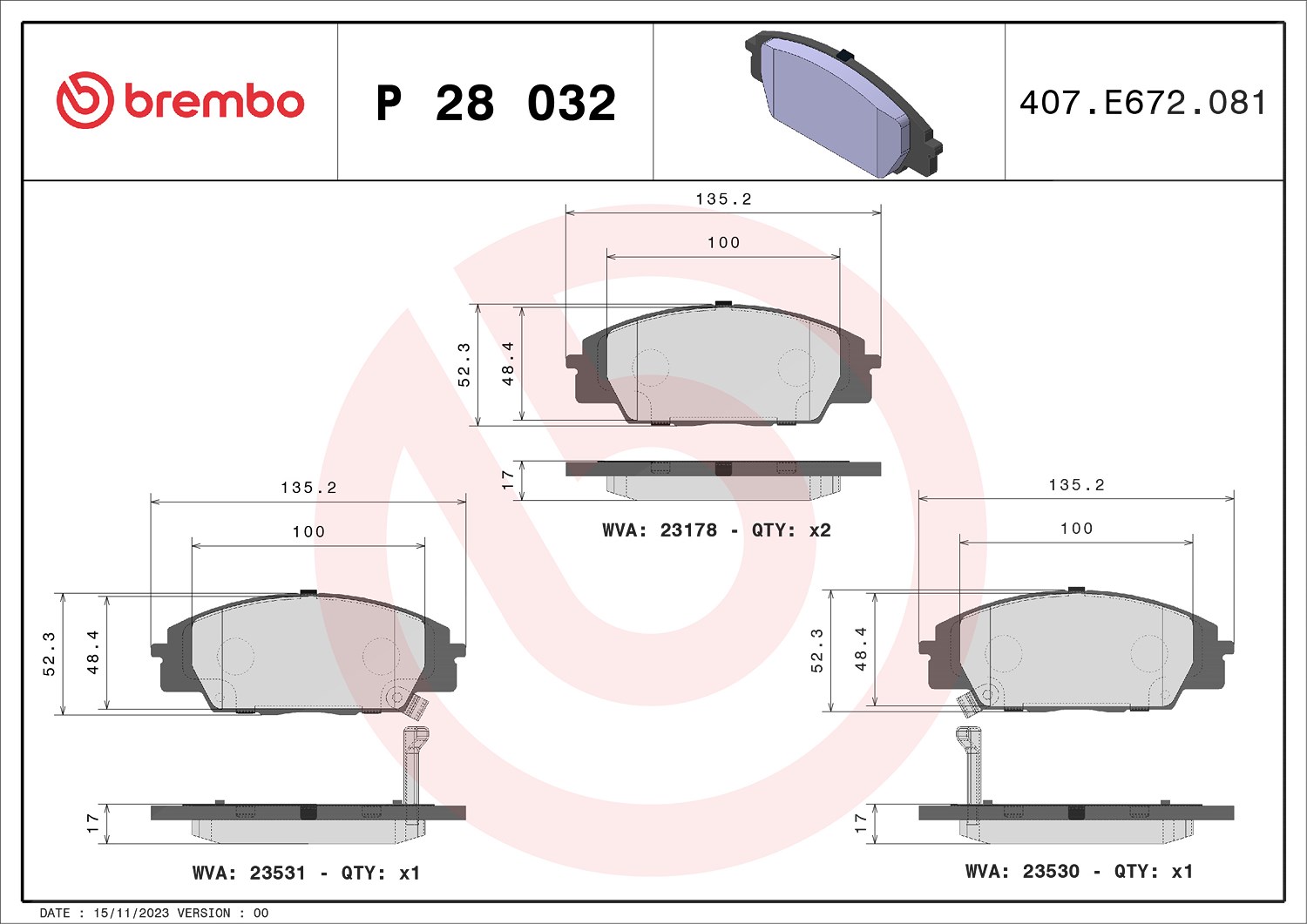 Brembo Bremsbelagsatz, Scheibenbremse [Hersteller-Nr. P28032] für Acura, Honda