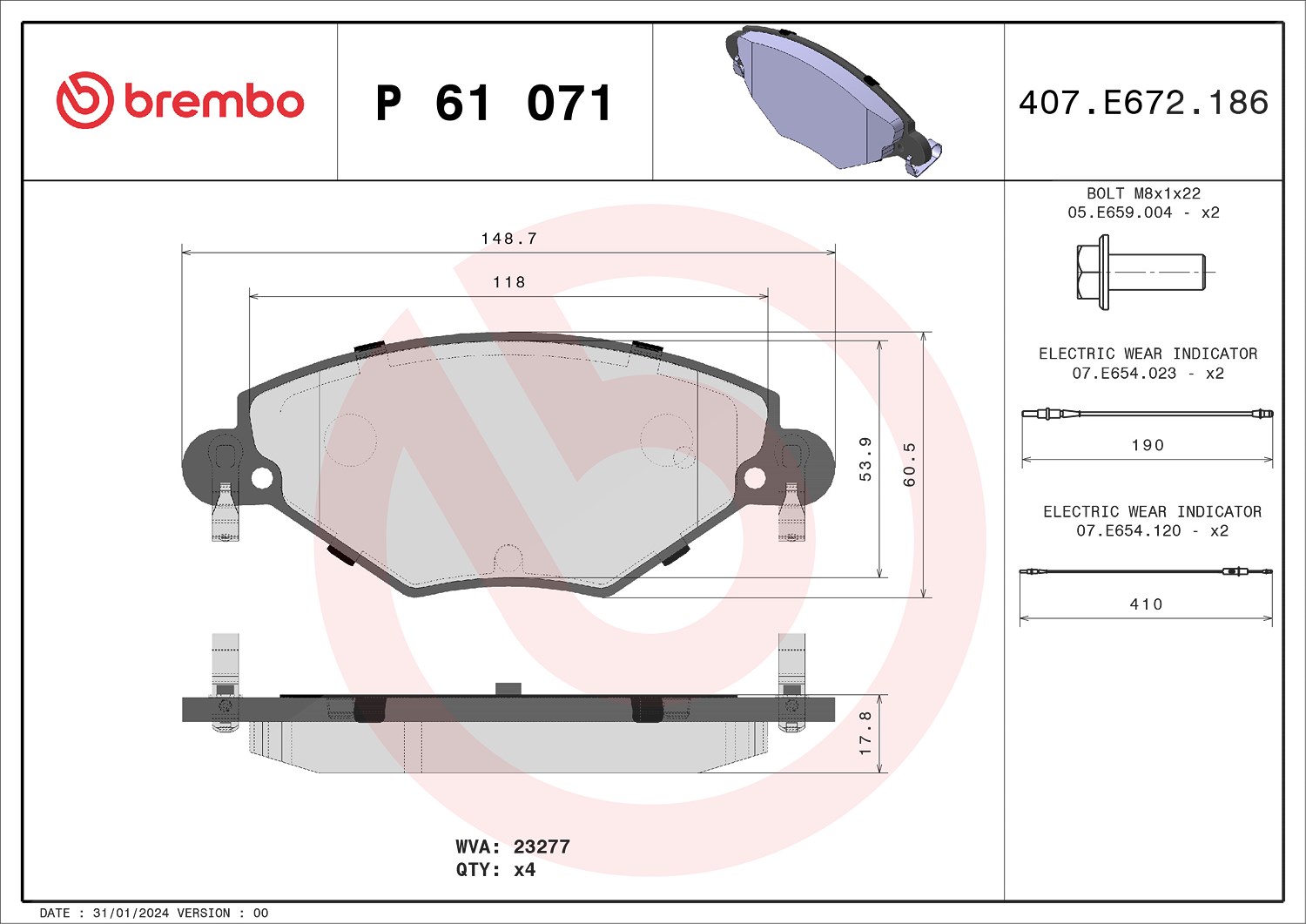 Brembo Bremsbelagsatz, Scheibenbremse [Hersteller-Nr. P61071] für Citroën
