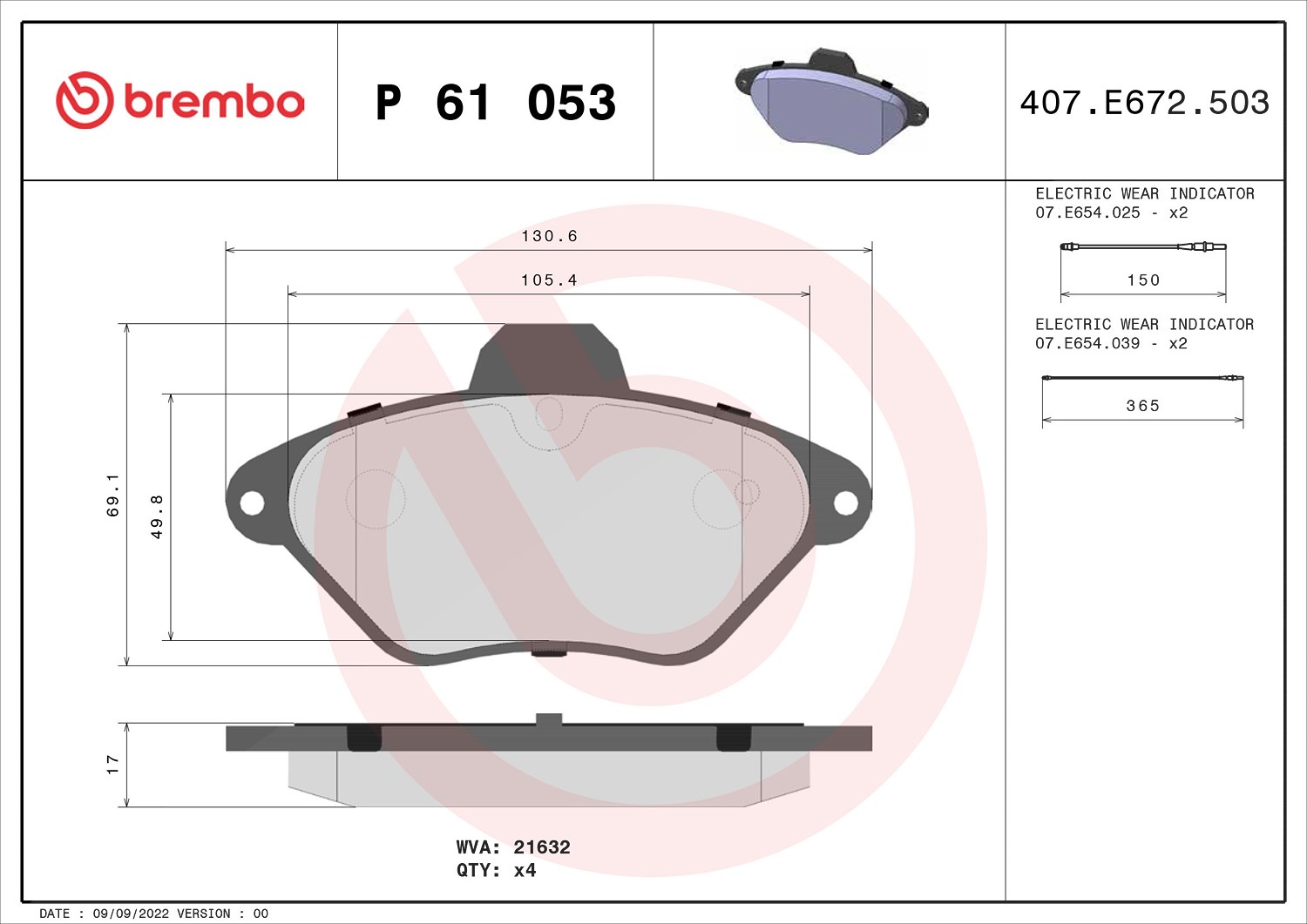Brembo Bremsbeläge vorne (Satz) mit VWK [Hersteller-Nr. P61053] für Citroën