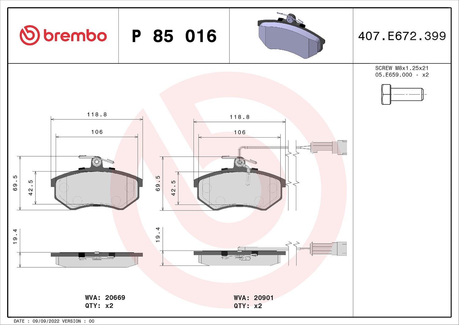 Brembo Bremsbelagsatz, Scheibenbremse [Hersteller-Nr. P85016] für Chery, Audi