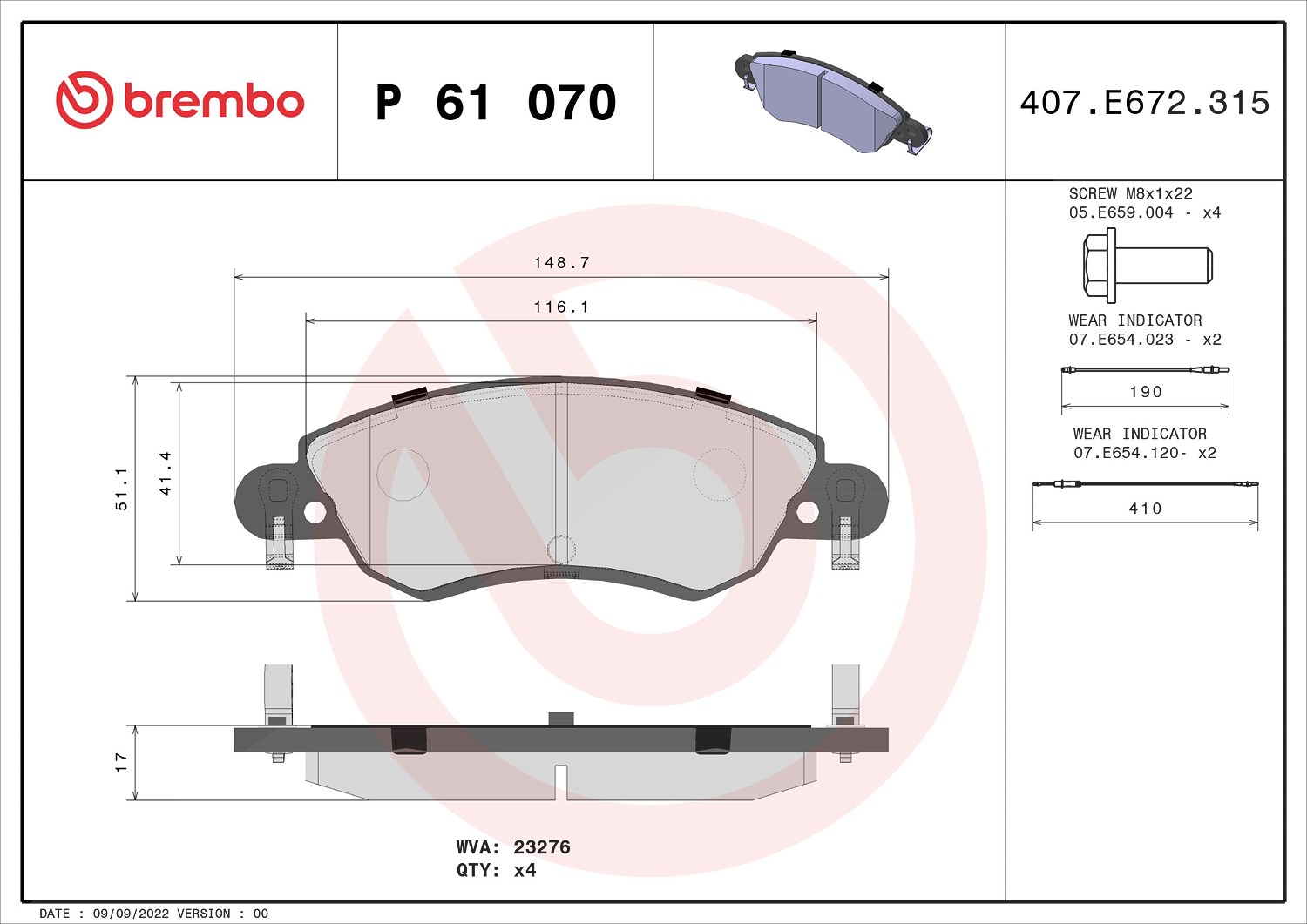 Brembo Bremsbelagsatz, Scheibenbremse [Hersteller-Nr. P61070] für Citroën