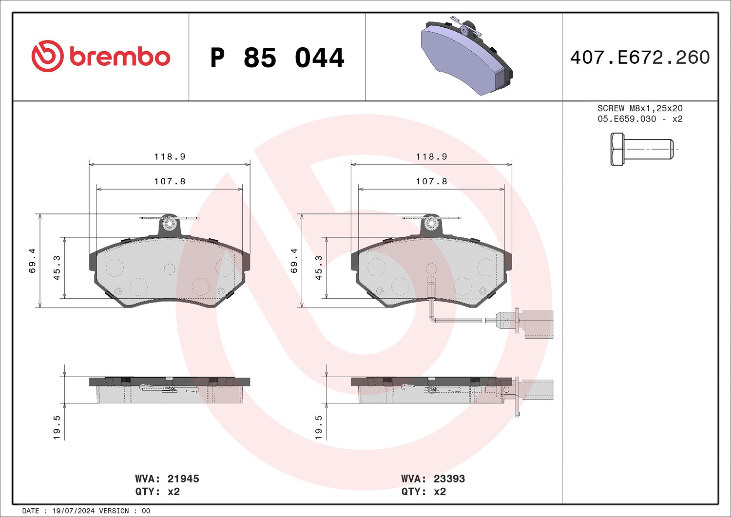 Brembo Bremsbelagsatz, Scheibenbremse [Hersteller-Nr. P85044] für VW, Seat, Audi