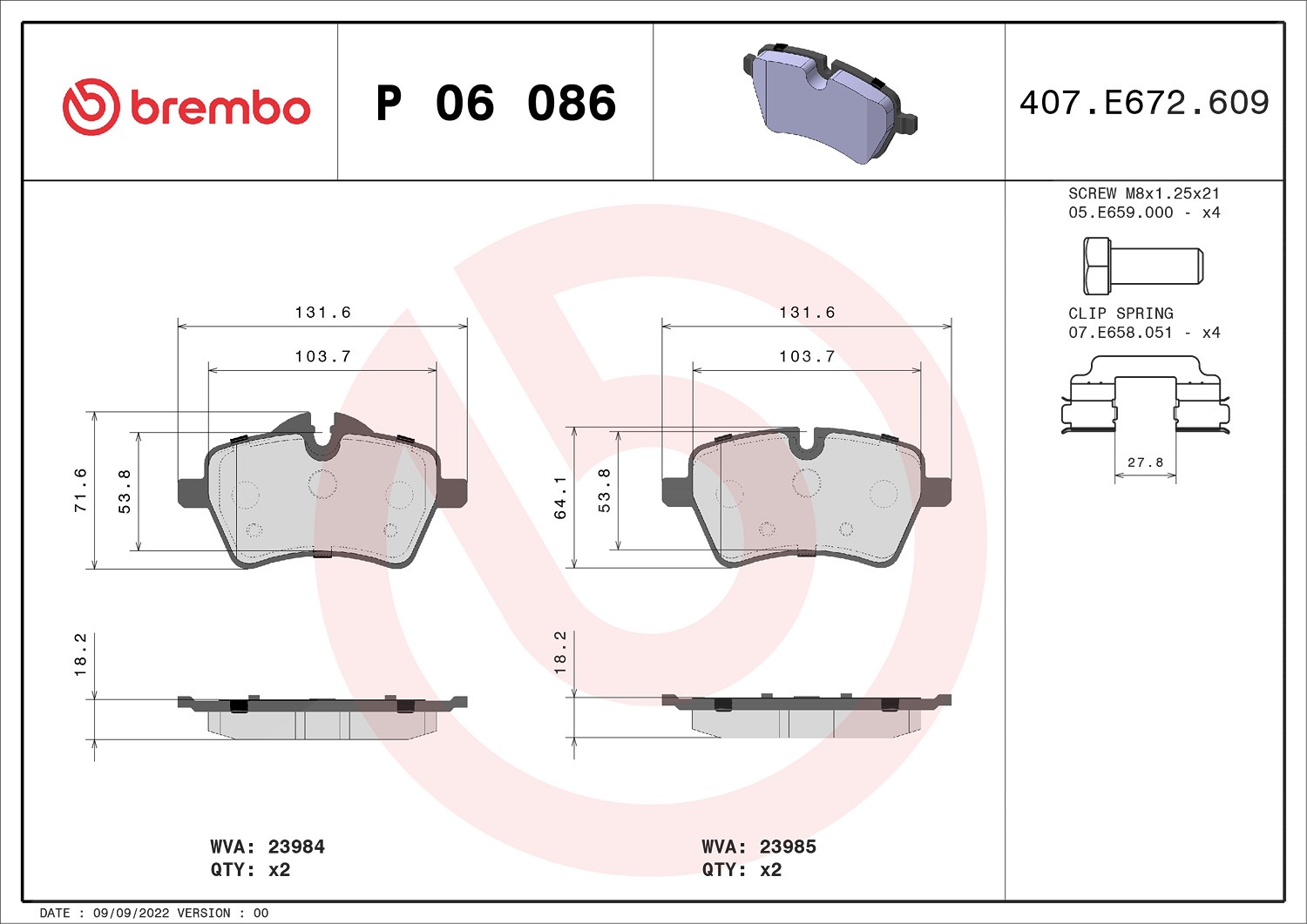 Brembo Bremsbelagsatz, Scheibenbremse [Hersteller-Nr. P06086] für Mini