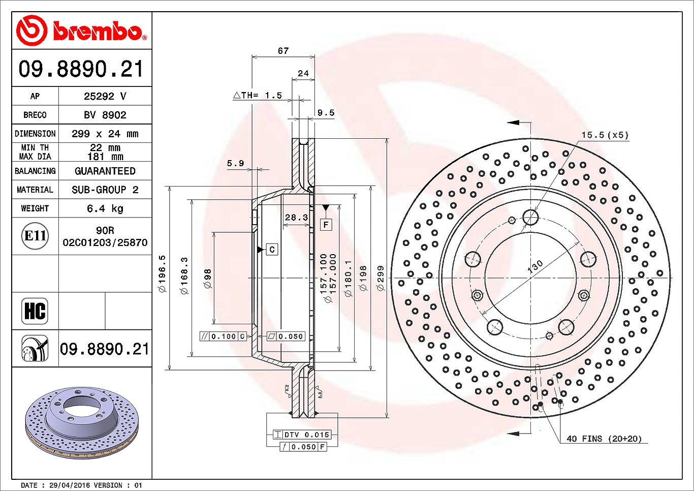 Brembo Bremsscheibe Hinterachse Belüftet/Gelocht [Hersteller-Nr. 09.8890.21] für Porsche