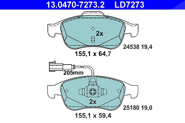 Ate CERAMIC Bremsbelagsatz mit Warnkontakt vorne [Hersteller-Nr. 13.0470-7273.2] für Alfa Romeo