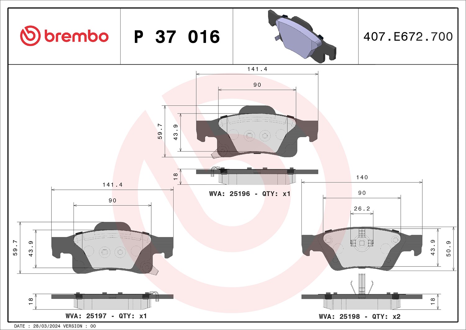 Brembo Bremsbelagsatz, Scheibenbremse [Hersteller-Nr. P37016] für Dodge, Jeep