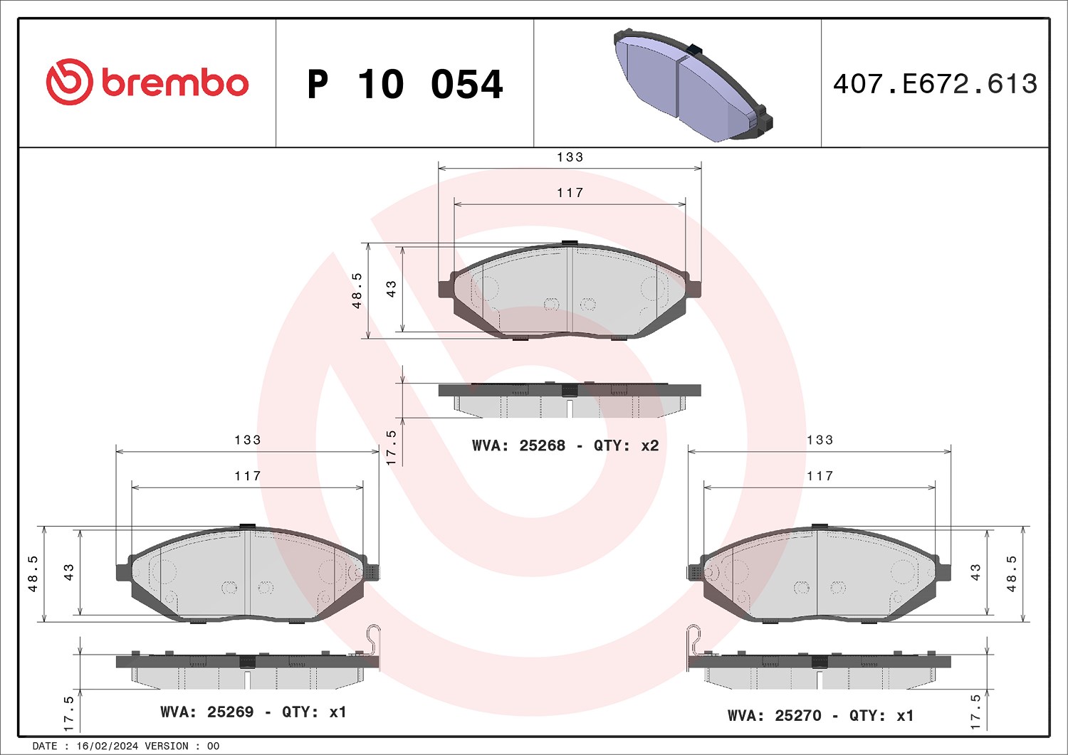 Brembo Bremsbeläge vorne (Satz) [Hersteller-Nr. P10054] für Chevrolet