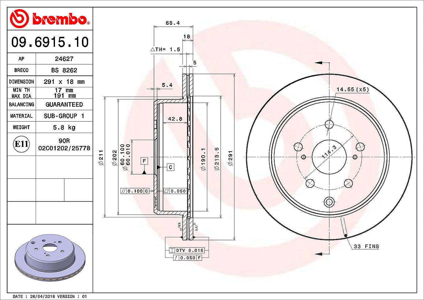 Brembo Bremsscheibe [Hersteller-Nr. 09.6915.10] für Toyota