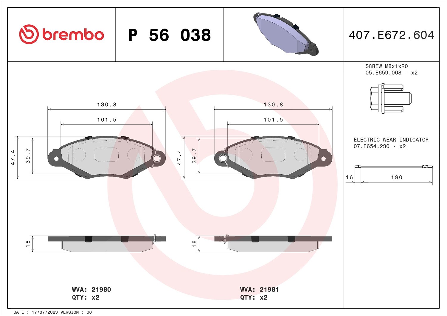 Brembo Bremsbelagsatz, Scheibenbremse [Hersteller-Nr. P56038] für Renault, Nissan