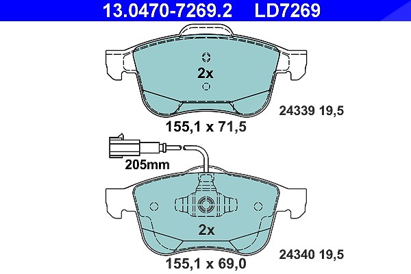 Ate CERAMIC Bremsbelagsatz mit Warnkontakt vorne [Hersteller-Nr. 13.0470-7269.2] für Alfa Romeo