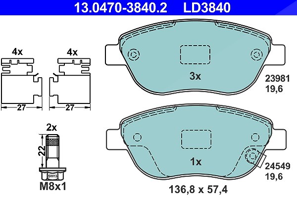 Ate CERAMIC Bremsbelagsatz vorne [Hersteller-Nr. 13.0470-3840.2] für Fiat, Vauxhall, Opel