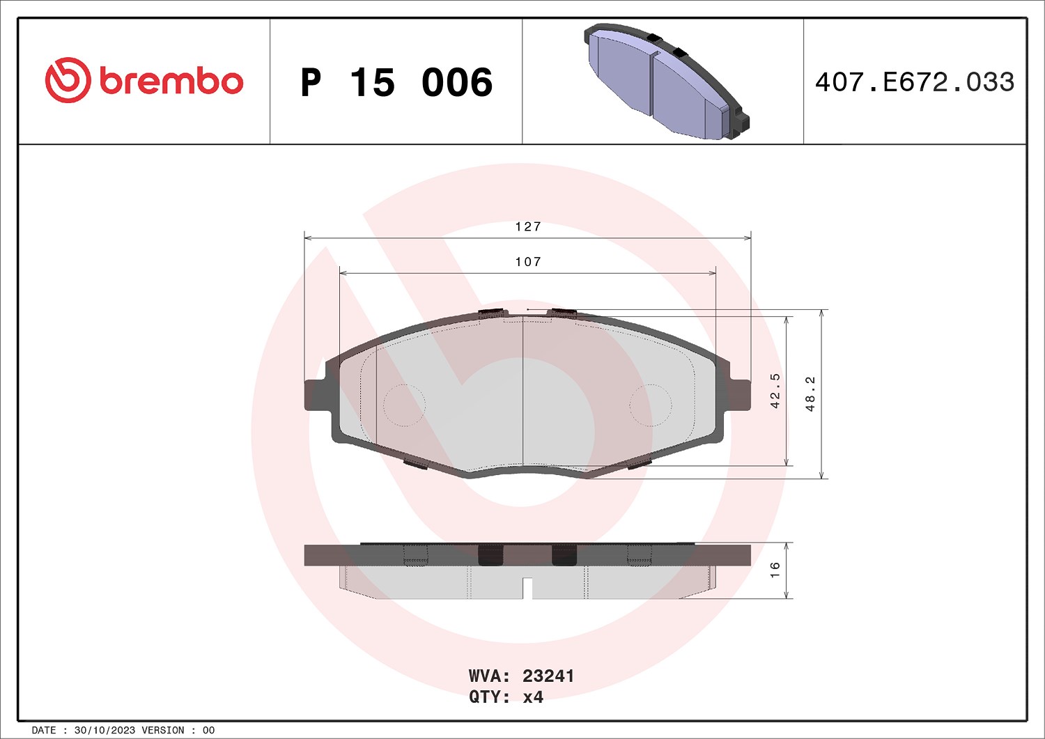 Brembo Bremsbelagsatz, Scheibenbremse [Hersteller-Nr. P15006] für Chevrolet, Daewoo, Zaz